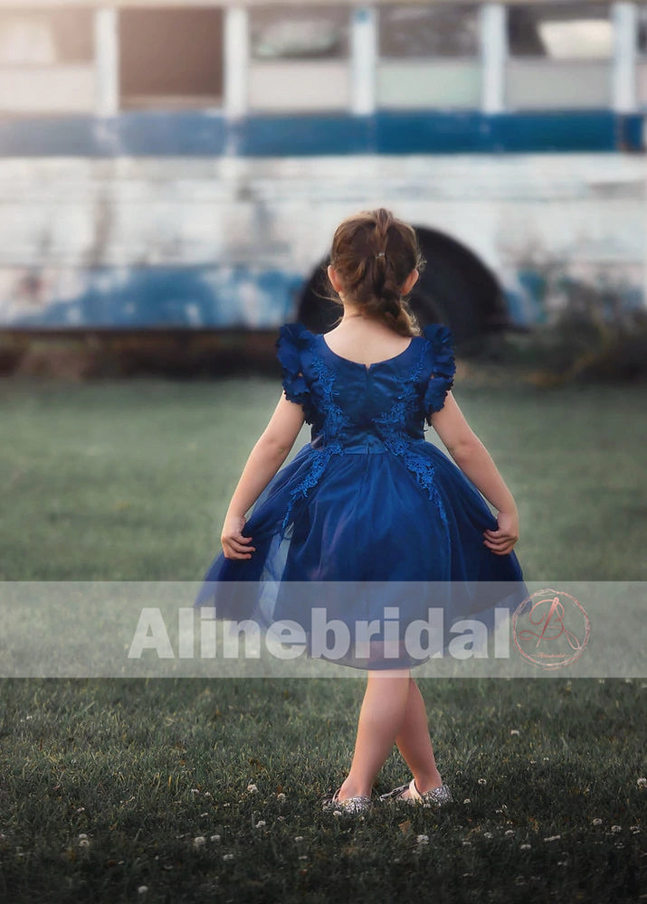 Navy Blue Appliques Tulle Pretty Sleeveless Short Flower Girl Dresses, FGS077