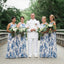 Navy Blue Floral Prints Round Neck Sleeveless Long Bridesmaid Dresses , AB1220