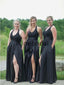 New Arrival A-line Black Side Slit Satin Long Formal Bridesmaid Dresses AB4221