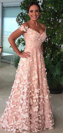 Off Shoulder Blush Pink 3D Butterfly Applique A-line Prom Dresses .PD00247