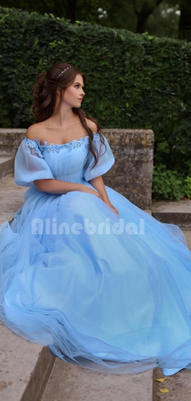 Baby Blue Princess Off-shoulder Floral Tulle A-line Long Prom Dress, PD3075