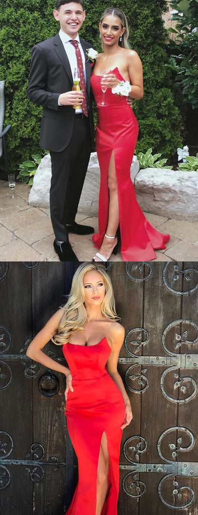 Red Satin Strapless Simple Silt Long Prom Dresses ,PD00169