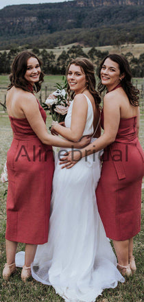 Rust Red Satin Unique Halter Tea Length Bridesmaid Dresses , AB4104