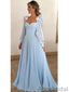 Sky Blue Long Chiffon Prom Dresses With Sleeves Modest Formal Dress PD1046