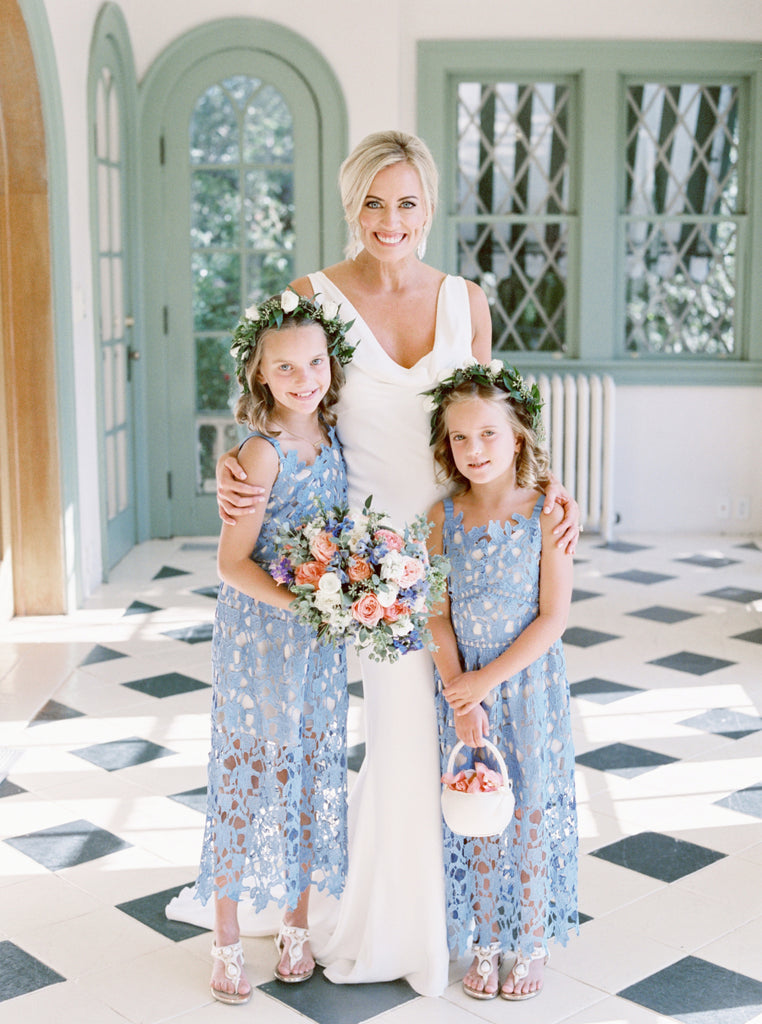 Sky Blue Lace Sheath Sleeveless Boho Long Flower Girl Dresses, FGS107