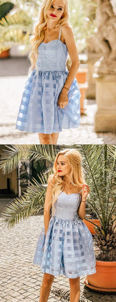 Sky Blue Plaid Spaghetti Strap Simple Homecoming Dresses,HD0052