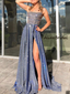 Sparkling Spaghetti Strap Side Split A-line Long Prom Dress, PD3016