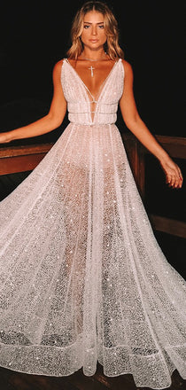 Sparkly White Sequin V-neck Backless Fashion Prom Dresses,PD00327