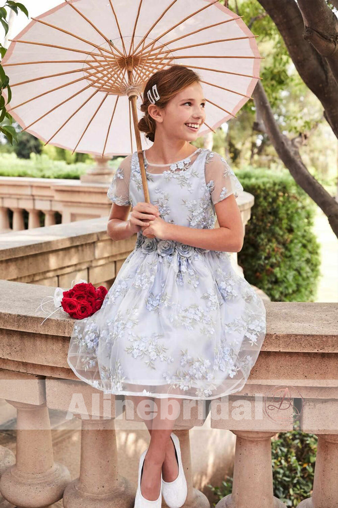 Stunning Blue Organza Lace Round Neck Short Sleeve Flower Girl Dresses, FGS086
