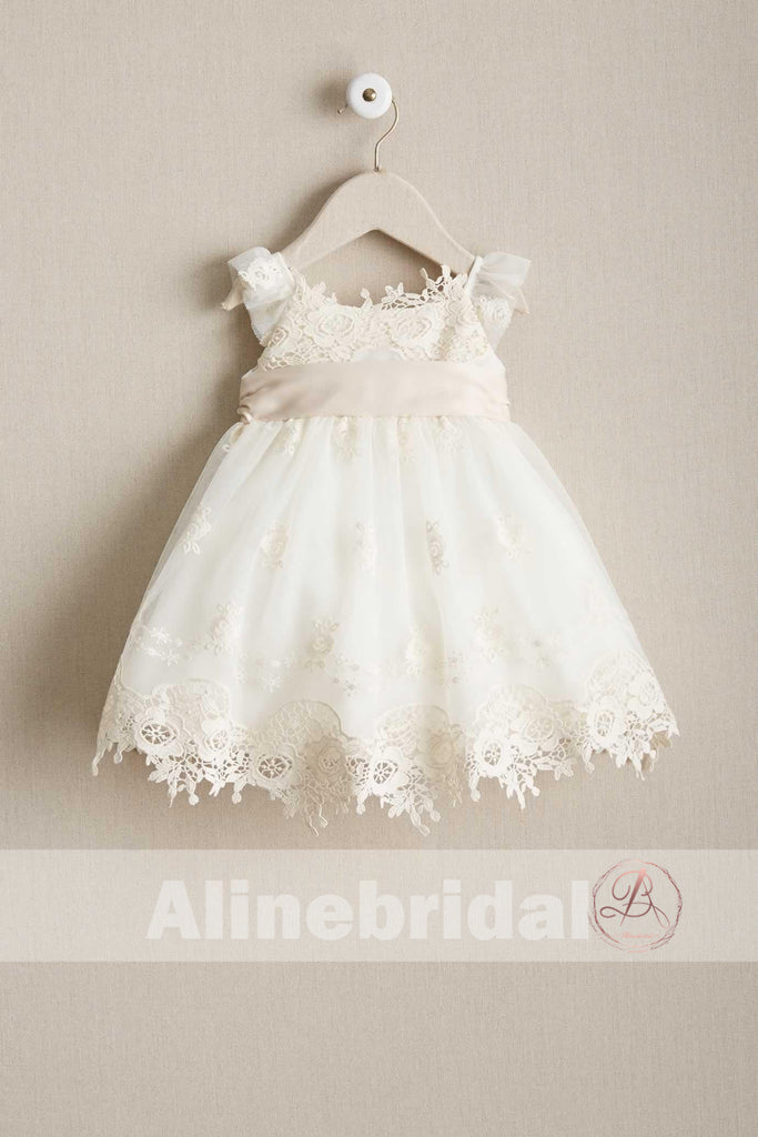 Sweet Ivory Lace Round Neck Cap Sleeve Flower Girl Dresses, FGS088