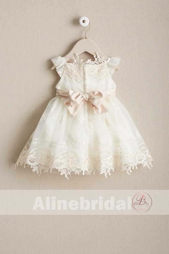 Sweet Ivory Lace Round Neck Cap Sleeve Flower Girl Dresses, FGS088