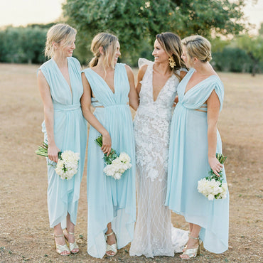 Tiffany Blue Chiffon Deep V-neck High Low Boho Bridesmaid Dresses, WG05