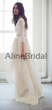 Two Piece Ivory Lace Chiffon High Low Boho Beach Wedding Dresses , AB1534