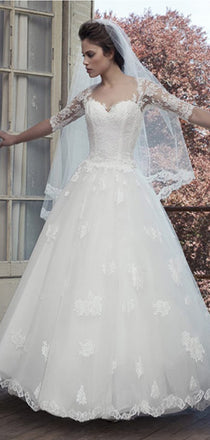Vintage Lace Yarn Appliques Back Half Sleeve Sweetheart Ball Gown Wedding Dress, AB1111