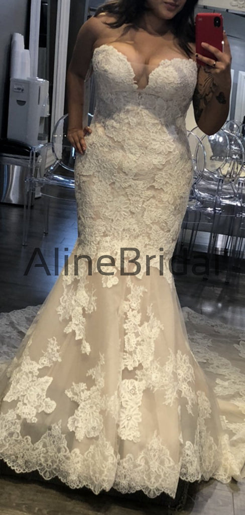 Vintage Strapless Lace Mermaid Train Elegant Wedding Dresses, AB1513