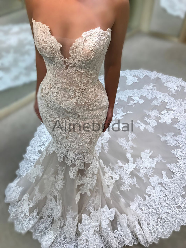 Vintage Strapless Lace Mermaid Train Elegant Wedding Dresses, AB1513