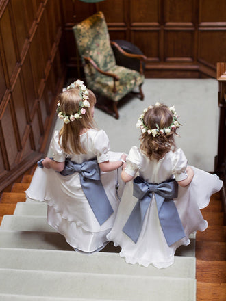 Vintage White Satin Chiffon Short Bubble Sleeves A-line Flower Girl Dresses, FGS110