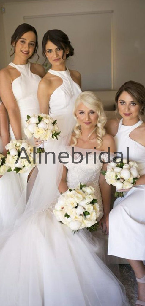 White Short Satin Unique Design Elegant Bridesmaid Dresses AB4215