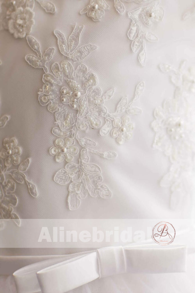 White Lace Sequin Tulle Bottom Cap Sleeve A-line Vintage Flower Girl Dresses, FGS096