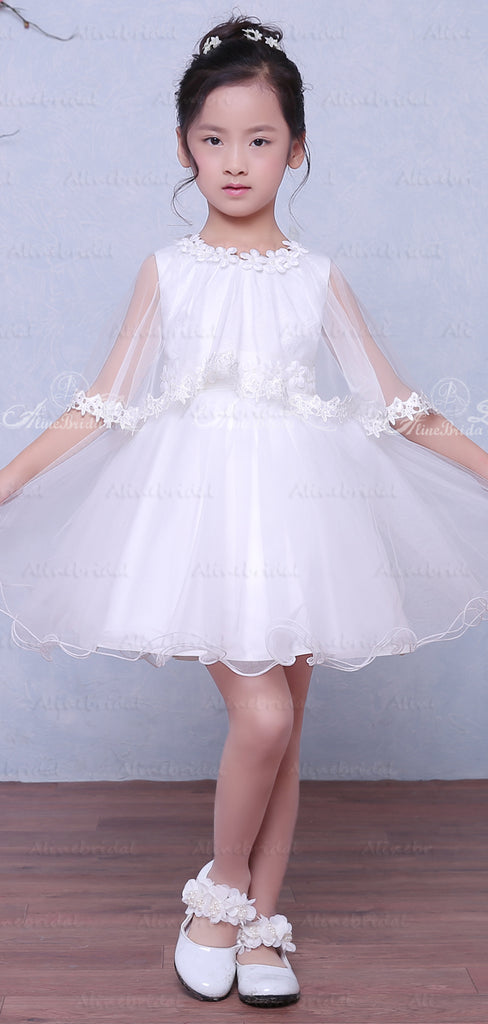 White Tulle Simple Flower Girl Dresses With Cape, FGS030