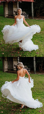 White Tulle Sweetheart Strapless Backless Ball Gown Wedding Dresses, AB1567