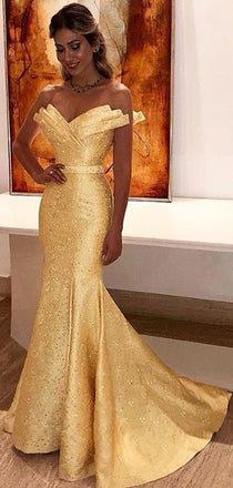 Yellow Satin With Beads Unique Strapless Mermaid Prom Dresses.PD00226