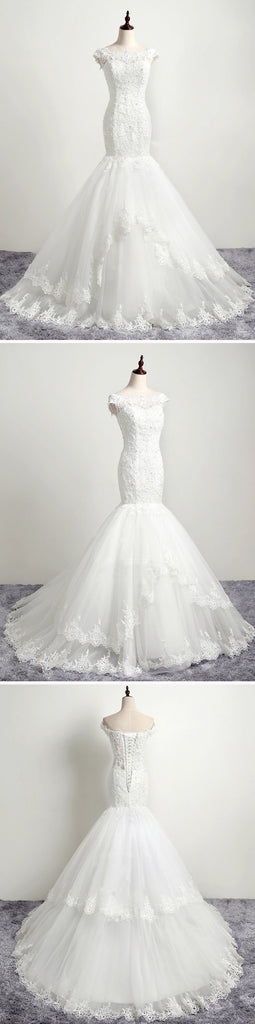 Elegant Cap Sleeve Lace Appliques Beads Mermaid Lace Up Back Sweep Train  Wedding Dress, AB1100