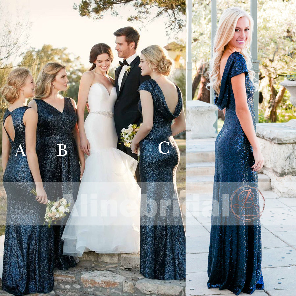 Popular Mismatched Dark Navy Sequins Mermaid  Bridesmaid Dresses. AB1201