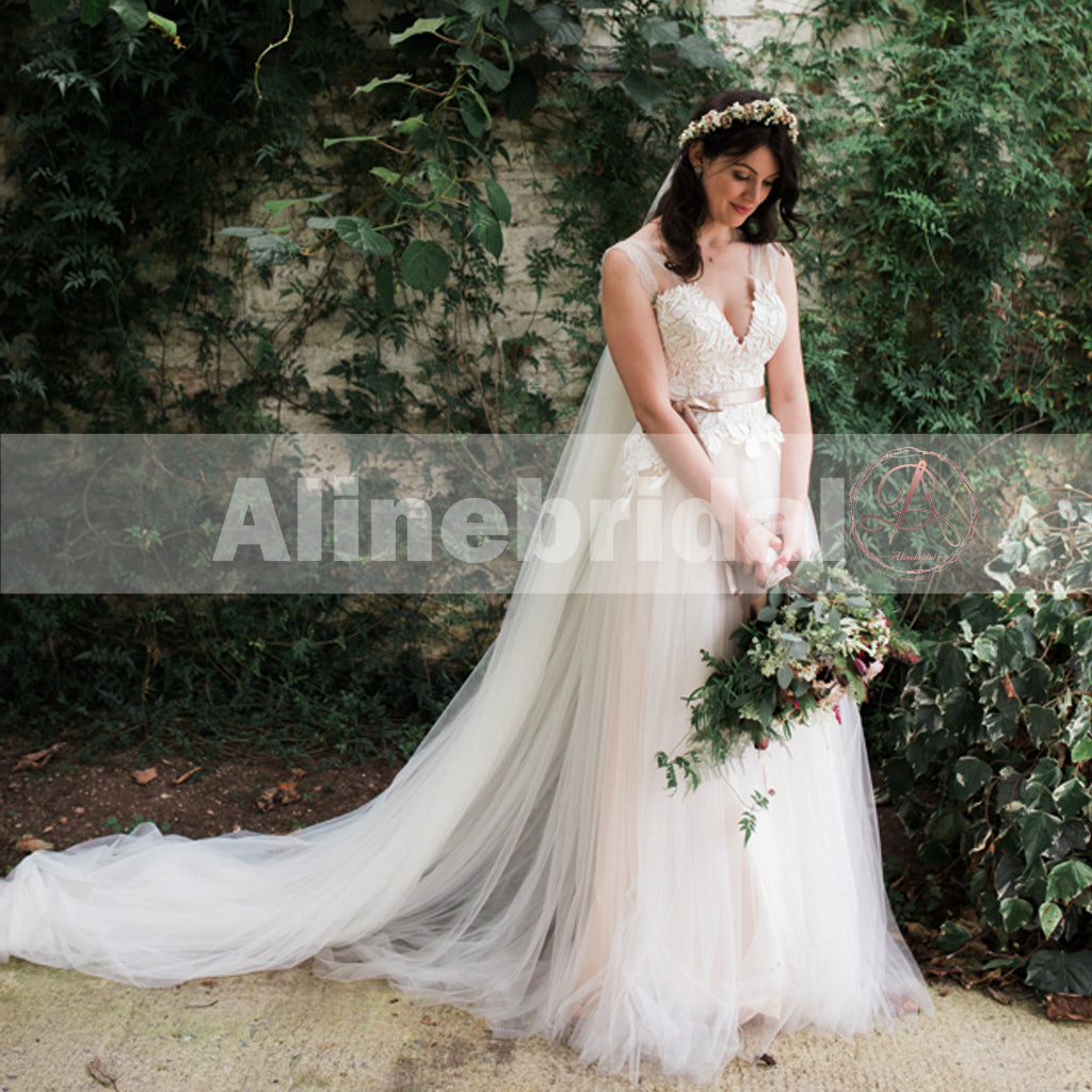 Elegant V-neck Lace Top Tulle Bottom A-line Boho Wedding Dresses, AB1133