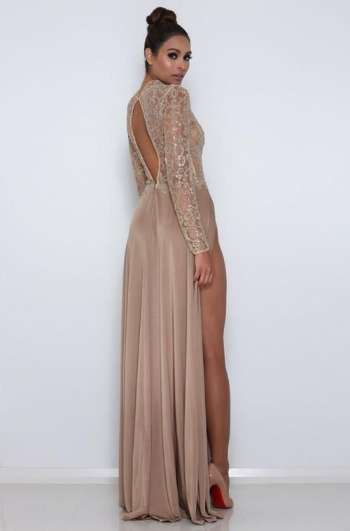 Brown Jersey Shiny Lace Long Sleeve High Neck Prom Dresses ,PD00301