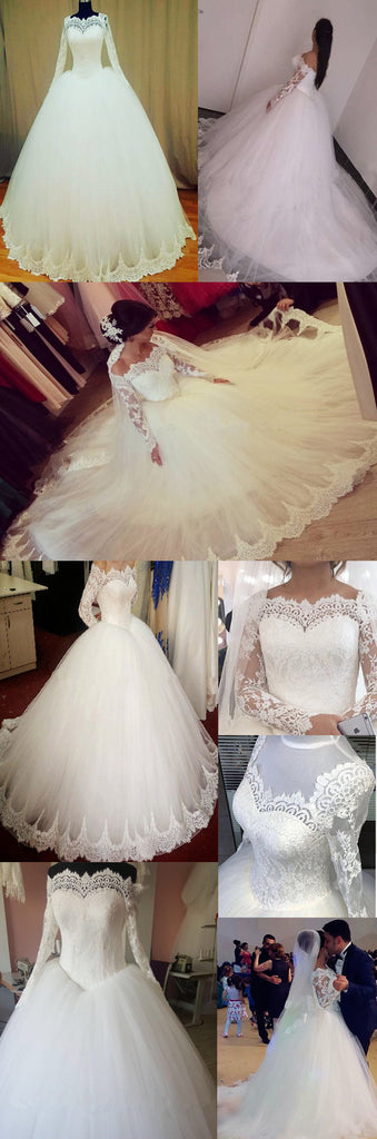 Elegant Long A-line Large Train Sweetheart Off Shoulder Long Sleeve Lace  Wedding Dress, AB1091