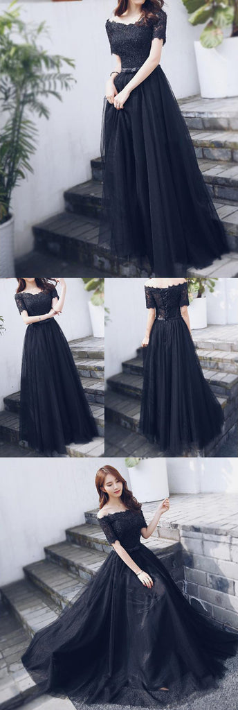 Off Shoulder Black Lace Fashion A-line lace Up Back Teenager Prom Dresses,PD00016