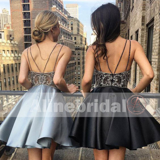 Gorgeous Spaghetti Strap Beaded Rhinestone Top Grey  For Teens Homecoming Dresses,BD00218