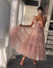 Blush Pink Ruffle Straps A-line Tea-length Tulle Prom Dress, Princess Gown, PD3332