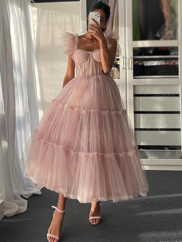 Blush Pink Ruffle Straps A-line Tea-length Tulle Prom Dress, Princess Gown, PD3332