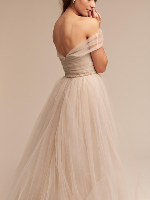 Elegant Blush Pink Tulle Off-shoulder A-line Long Prom Dress, PD3143