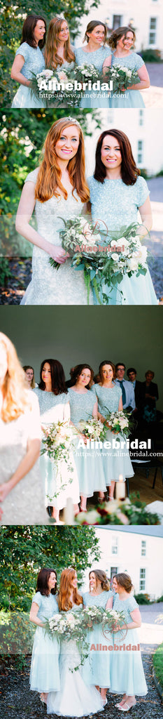 Sparkly Sequins Light Blue Chiffon Round Neck Short Sleeve Ankle-length Bridesmaid Dresses. AB1196