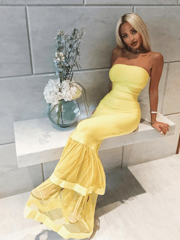 Bright Yellow Strapless Sexy Mermaid Long Ruffle Trumpet Prom Dress, PD3340