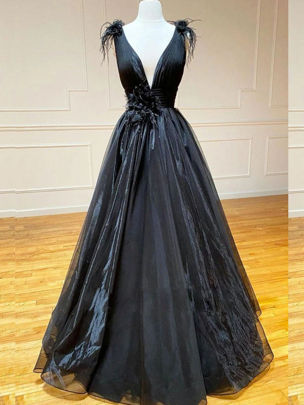 Elegant Black Sleeveless V-neck A-line Long Prom Dress, PD3132