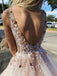 Elegant Blush Pink V-neck Floral Top Backless A-line Long Prom Dress, PD3171