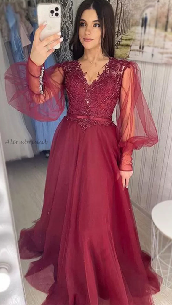 Elegant Burgundy Lace Top V-neck Tulle Sleeves A-line Prom Dress, PD3324