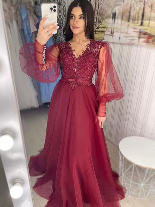 Elegant Burgundy Lace Top V-neck Tulle Sleeves A-line Prom Dress, PD3324