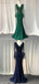 Elegant Navy Blue, Emerald Green V-neck Lace Top Mermaid Long Prom Dress, PD3336