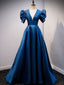 Elegant Royal Blue V-neck Short Sleeves Open Back A-line Long Prom Dress, PD3296