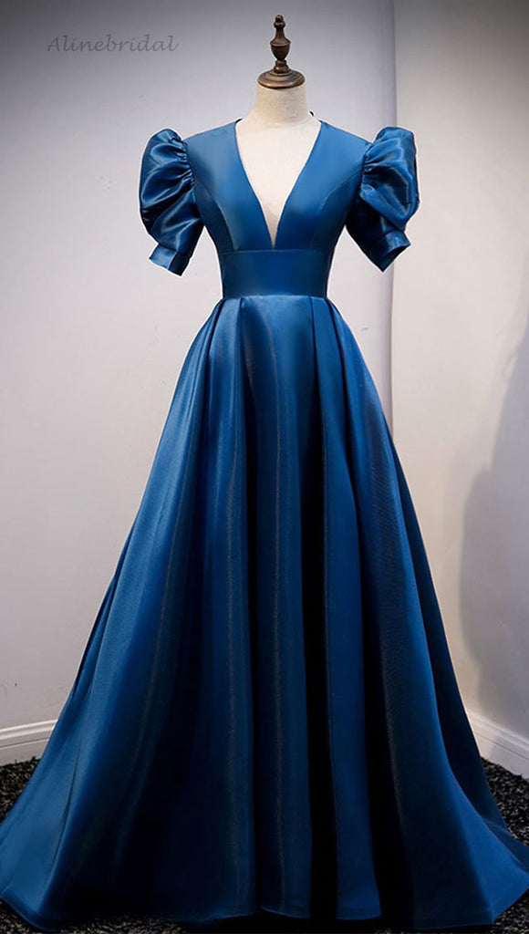 Elegant Royal Blue V-neck Short Sleeves Open Back A-line Long Prom Dress, PD3296