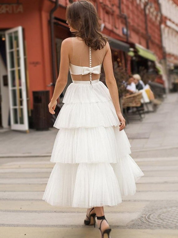 Elegant White Jewel Neck Illusion Back A-line Pleats Ankle-length Prom Dress, PD3158