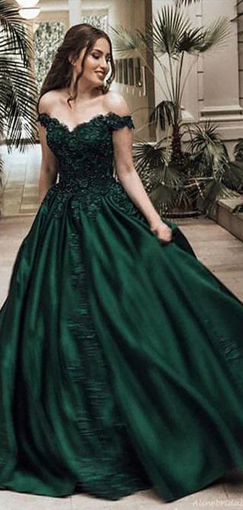 Emerald Green Off-shoulder Lace Top A-line Long Prom Dress, PD3151