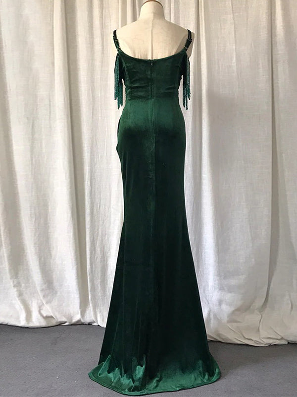 Emerald Green Spaghetti Straps Sweetheart Tasssels Mermaid Side-slit Long Bridesmaid Prom Dress, PD3338