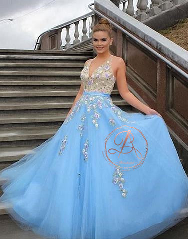 Fashion Tiffany  Blue colorful Handmade Flower Appliques  Prom Dresses,PD00062