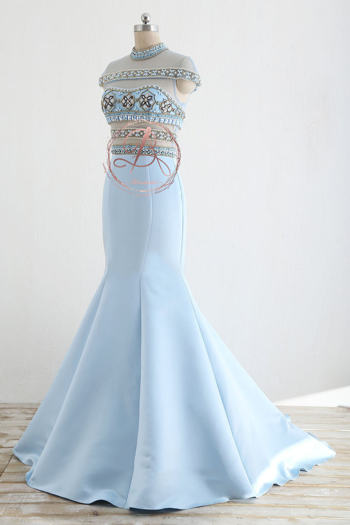 Stunning Pale Blue  Beaded See Through Top Cap Sleeve Mermaid Prom Dresses,PD00066